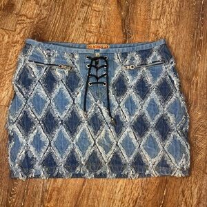 Rare VTG Dragonfly Clothing Co. Frayed Diamond Patchwork Denim Skirt